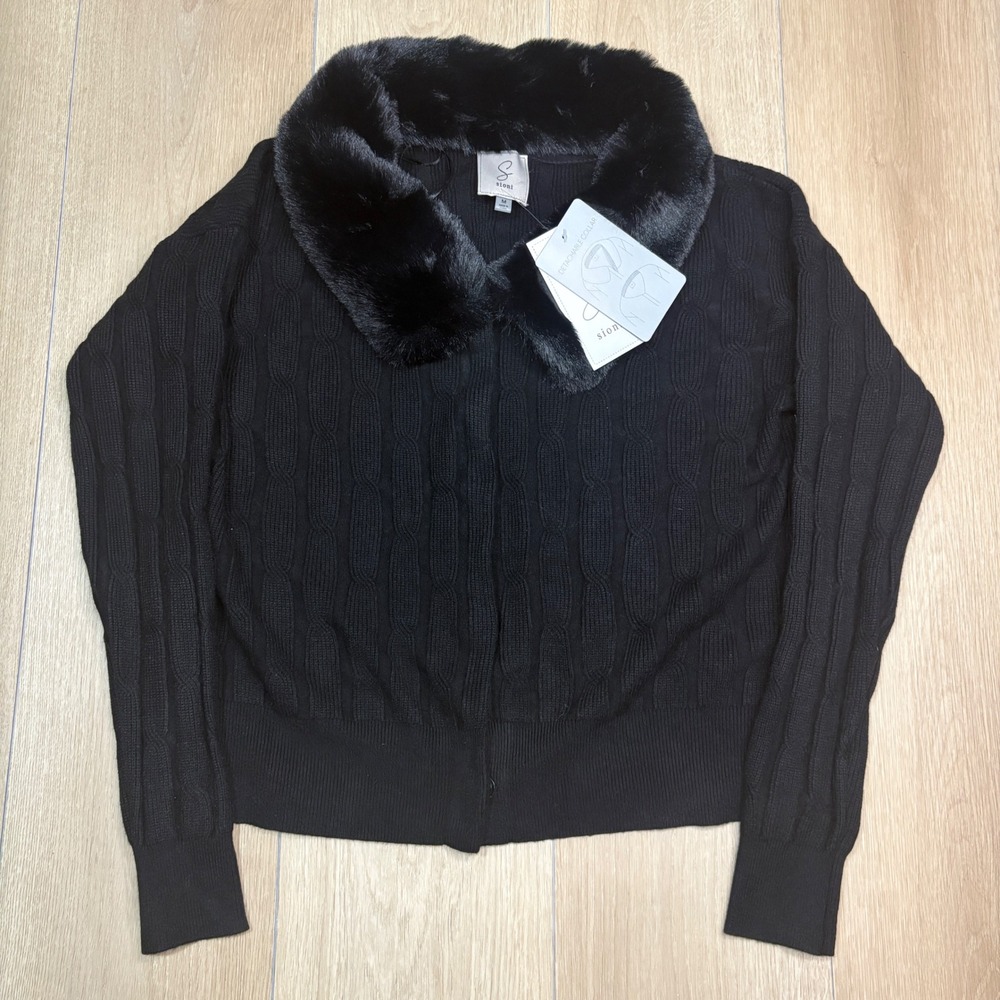 Sioni Womens Black Cable Knit Cardigan Detachable Faux Fur Collar Medium NWT